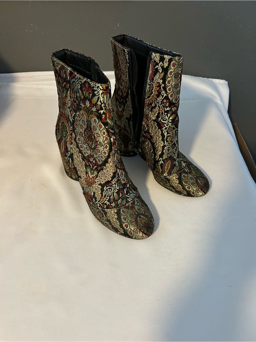 Topshop Paisley Brocade Ankle Booties in Black and Gold with Red Accents